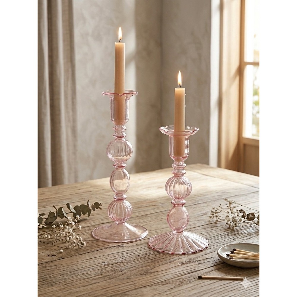 Mrs. Alice Gisele Pink Borosilicate Glass Candlestick Holders Pair 8.5" & 6.5"
